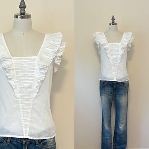 Camisa blanca con volantes vintage de los 80, blusa estilo pradera plisada con mangas cortas y botones en la espalda, moda de verano