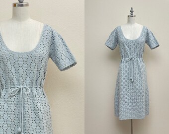 Vintage 60s Crochet Dress, 1960s Hand Crochet Light Blue Silver Lace Pointelle Knit Dress with Drawstring Waist, Spring Fashion