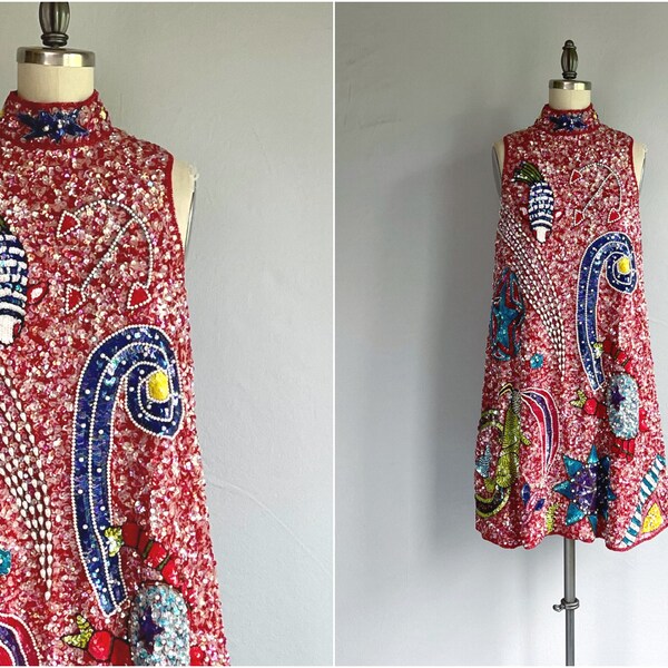 Vintage 1980s Beaded Dress / 80s AJ Bari Red Silk Novelty Astrology Party Cocktail Dress