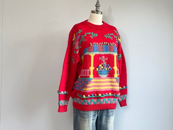 Vintage 80s Hand Embroidered Wool Novelty Sweater… - image 7