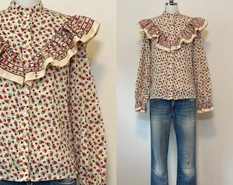 Vintage 70s Ruffled Blouse, Floral Print Prairie Shirt with Band Collar, Long Sleeve Top