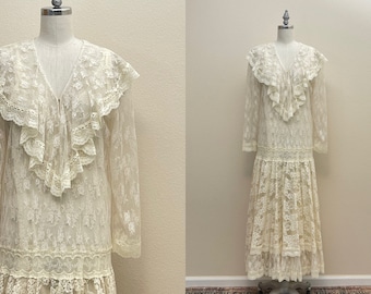 Vintage 80s Gunne Sax Lace Dress, 1980s Sheer Cream Lace Drop Waist Wedding Dress, 80s does 20s Spring Fashion
