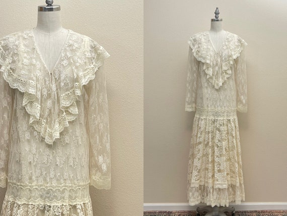 Vintage 80s Gunne Sax Lace Dress, 1980s Sheer Cre… - image 1