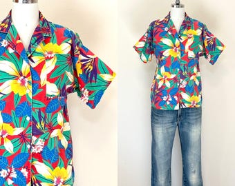 Vintage 80s Hawaiian Shirt, Palmettos Short Sleeve Orchid Floral Blouse