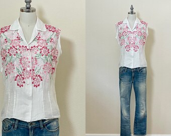 Vintage 50s Embroidered Linen Blouse, 1950s White Linen Hand Embroidered Pink Flower Sleeveless Shirt, Summer Fashion, Made in Japan