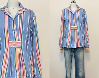 Vintage 70s Striped Tunic Shirt, 1970s Light Blue Rainbow Stripe Pullover Top, Penny Lane London Cotton Blouse