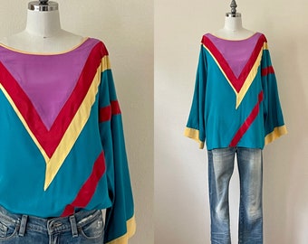 Vintage 80s Silk Blouse, 1980s Jack Mulqueen Patchwork Color Block Chevron Top, Silk Tee, Summer Fashion