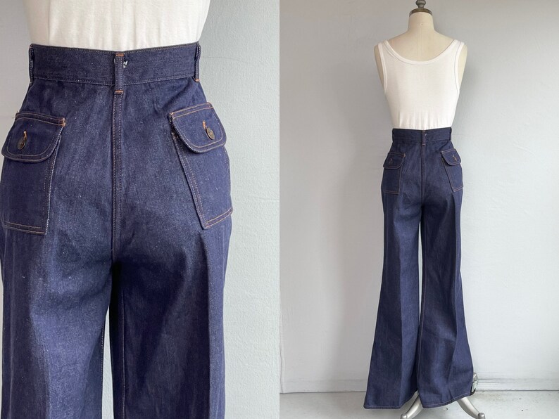 Vintage 70er Jahre Dark Denim Jeans, 1970er Jahre Deadstock High Waist Schlaghose mit weitem Bein Bild 2