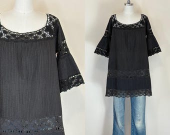 Vintage 70s Mexican Blouse, 1970s Black Cotton Lace Pintuck Tunic Top with Bell Sleeves, Summer Fashion, Beach Cover Up