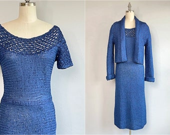 Vintage 50s Sweater Dress,  1950s Bright Blue Ribbon Knit Two Piece Fitted Dress Set with Bolero Cardigan