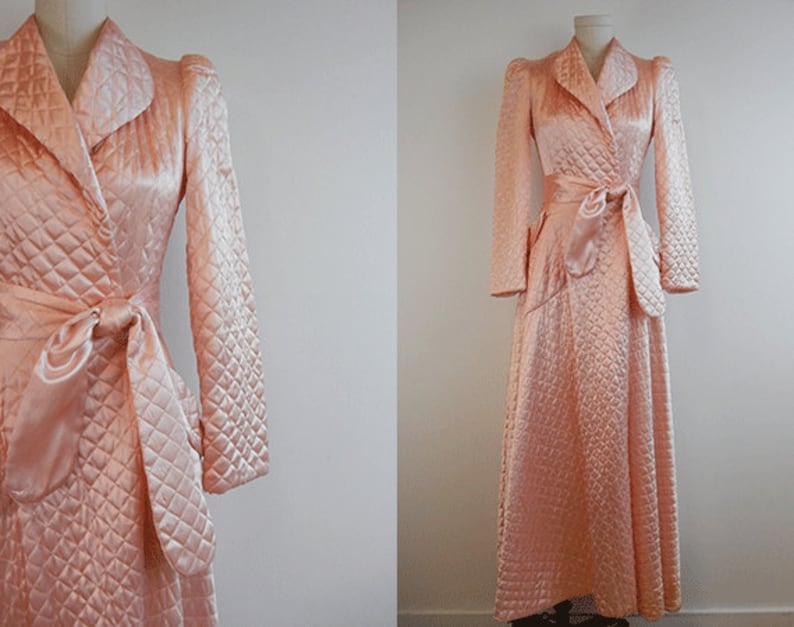 Vintage Quilted Satin Robe / 1940s Long Bias Cut Blush Pink Etsy