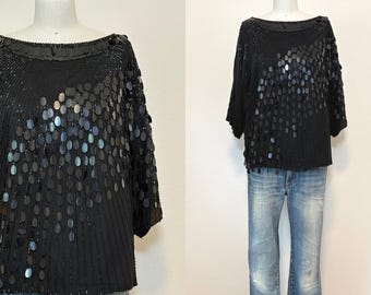 Top de seda con cuentas estilo vintage de los 80 de Oleg Cassini, blusa tipo camiseta con lentejuelas negras, top de noche disco.