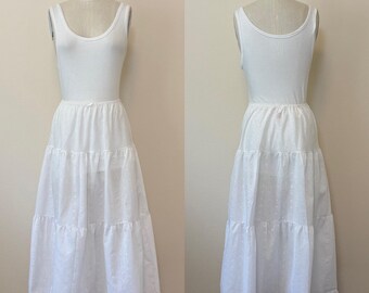 Vintage 70s Eyelet Petticoat, Tiered Ruffled Prairie White Embroidered Cotton with Lace Trim