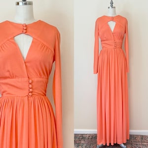 Vintage 1970s Maxi Dress, 70s Orange Coral Jersey Crepe Knit Deep Vee Hostess Dress,