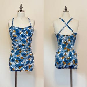Vintage 1950s Swimsuit, 50s Blue Floral Print One Piece Wrap Sarong Bathing Swim Suit Playsuit, Beach Wear