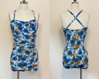 Vintage 1950s Swimsuit, 50s Blue Floral Print One Piece Wrap Sarong Bathing Swim Suit Playsuit, Beach Wear