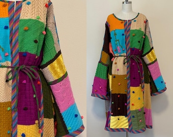 Upcycled Vintage Hand Knit Afghan Coat, Hand Made Patchwork Crochet Easy Fitting Duster, Embroidered Sweater Coat