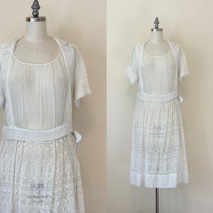 Vintage 1920s Embroidered Dress,  20s Hand Embroidered Sheer Cotton Voile Tea Dress, Made in France, Spring Fashion