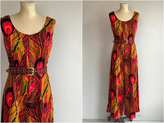 Vintage 60s Jumpsuit / 1960s Peacock Feather Mod W