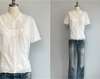 Vintage 50s Sheer Cotton Blouse, 1950s White Lace Short Sleeve Shirt, Feminine Spring Vintage