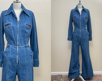 Vintage 70s Landlubber Jumpsuit, 1970s Denim Cotton Zip Front Jumpsuit, Denim Coveralls Romper Spring Fashion