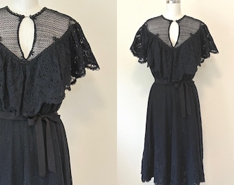 Vintage 70s Black Lace Dress, 1970s Sheer Ruffled Cotton Lace Dress, Handkerchief Hem, Summer Dress