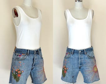 Vintage Levis 501 Button Fly Jean Shorts, Upcycled Sun Flowers Hand Embroidered Distressed Well Worn Denim Cut Offs, Boro Embroidery