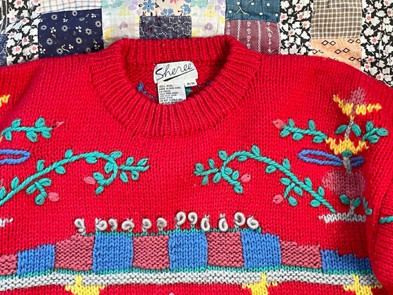 Vintage 80s Hand Embroidered Wool Novelty Sweater… - image 5