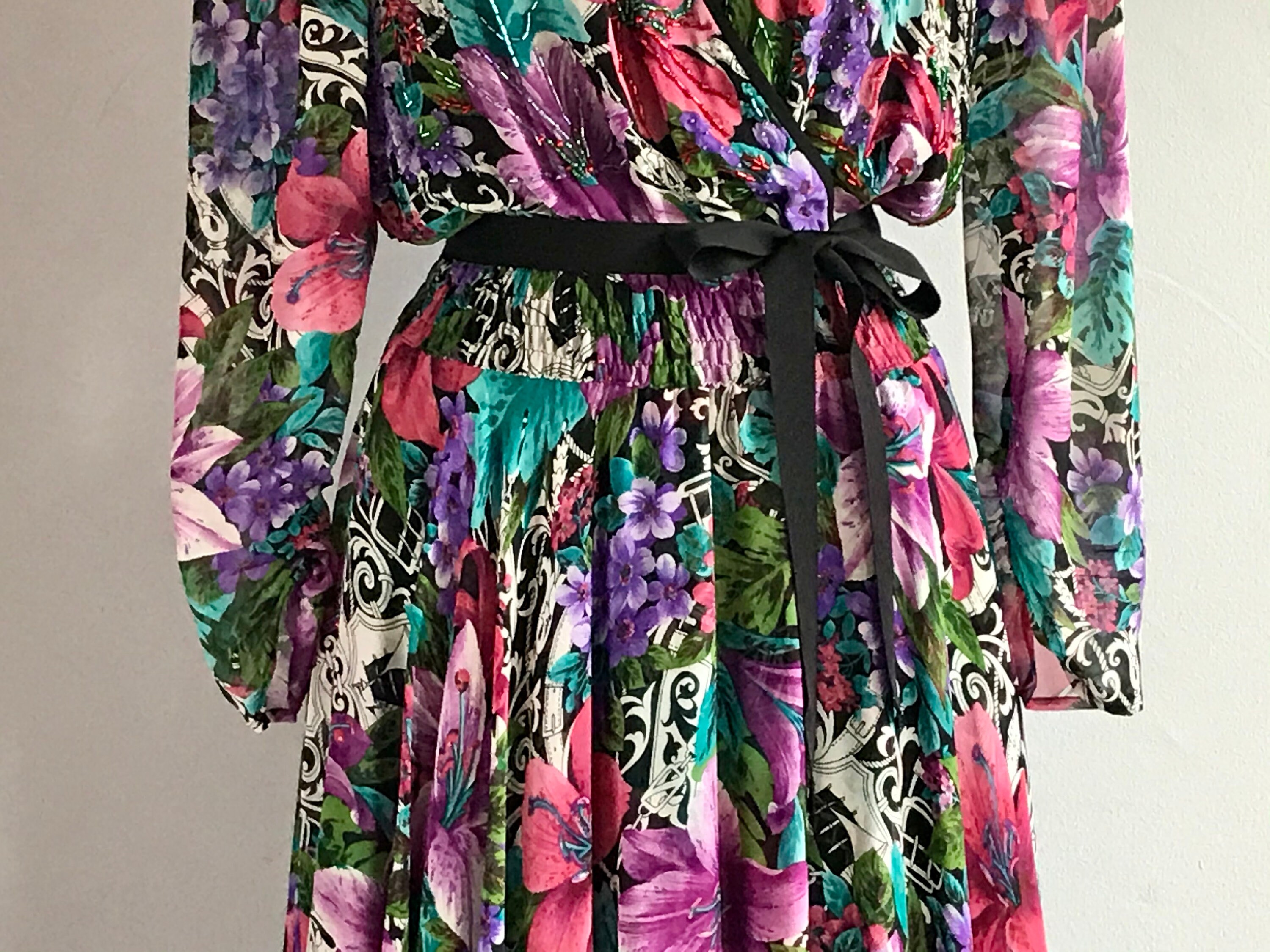 Vintage 80s Diane Freis Dress / 1980s Beaded Silk Floral Print | Etsy
