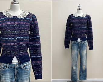 Vintage 80s Ralph Lauren Wool Sweater, 1980s Fair Isle Stripe Cardigan Peter Pan Lace Collar, Designer Vintage Navy Blue Patterned Sweater