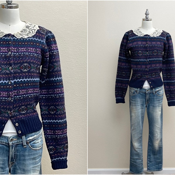 Vintage 80s Ralph Lauren Wool Sweater, 1980s Fair Isle Stripe Cardigan Peter Pan Lace Collar, Designer Vintage Navy Blue Patterned Sweater