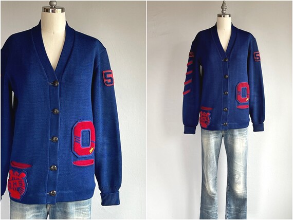 Varsity Letterman Sweater Men's Navy Acrylic Cardigan 50's Style Costume Sweater Varsity Letterman Sweater Men's Navy Acrylic Cardigan 50's Style Costume Sweater