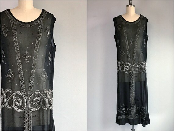 Vintage 1920s Flapper Dress / 20s Sheer Black Sil