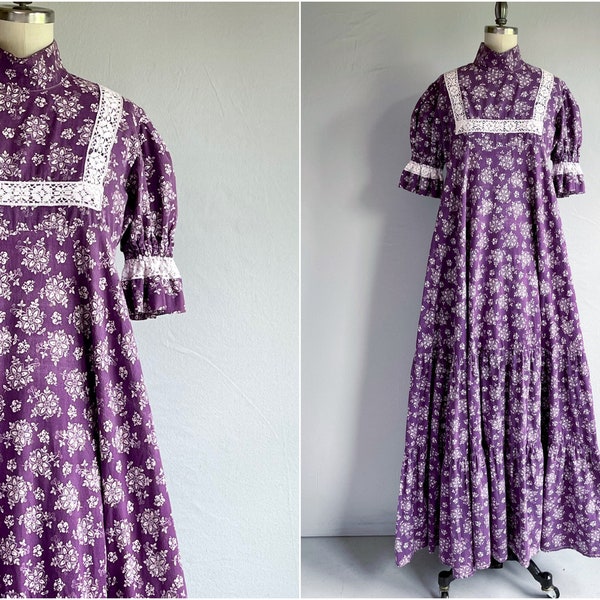Vintage 70s Laura Ashley Dress / 1970s Ruffled Floral Print Tiered Maxi Dress / Purple Cotton Print Cottage Core Prairie Dress