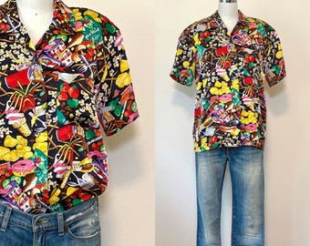 Vintage 90s Nicole Miller Novelty Print Silk Blouse, Designer Fast Food Print Silk Shirt, Food Ice Cream Donuts