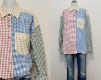 Vintage jaren 90 Liz Claiborne katoenen gingham-shirt, stoffige geruite blouse met colorblock-patchwork, gemakkelijke pasvorm