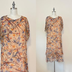 Vintage 20s Silk Chiffon Dress, Sheer Beige Orange Floral Maxi Dress with Cape Back, Summer Fashion, Jazz Age Lawn Party