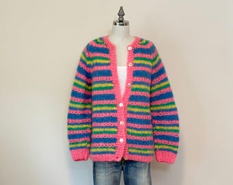 Vintage 60s Mohair Cardigan, 1960s Hand Knit Wool Striped Sweater, Pink Green Fluffy Stripe Sweater, Spring Easter Sweater, Made in Italy