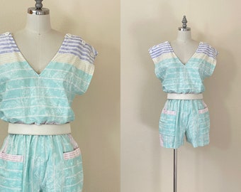 Vintage 1980s Shorts Romper, 80s Pastel Mint Green Floral Stripe Print, Play Suit, Shoulder Button, Summer Fashion