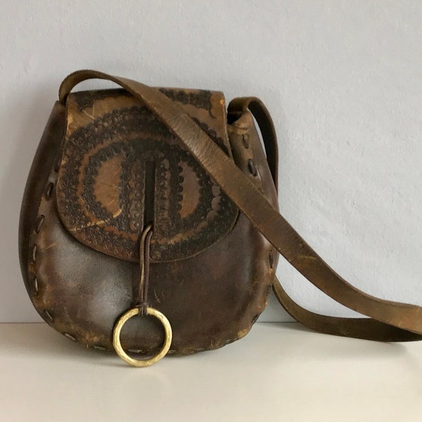 Vintage Tooled Leather Handbag / 1970s Dark Brown Hand Made Hippie Boho Leather Festival Purse Shoulder Bag