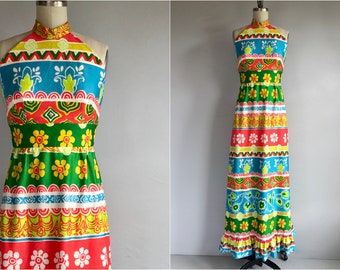 Vintage 70s Ruth Norman for Gay Gibson Halter Dress / 1970s Bright Stripe Neon Floral Maxi Dress