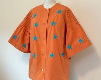 Vintage 60s Dalia Embroidered Shirt, 1960s Orange Hand Embroidered Folk Peasant Shirt with Bell Sleeves, Summer Fashion, Summer Top