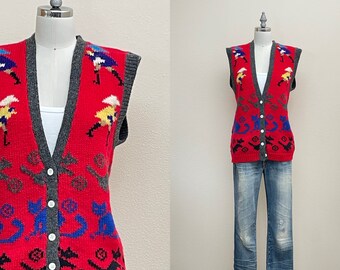 Vintage 80s Hand Knit Shetland Wool Sweater Vest, 1980s Breeches Raining Cats and Dogs Button Front Sweater Vest, Art to Wear Spring Fashion