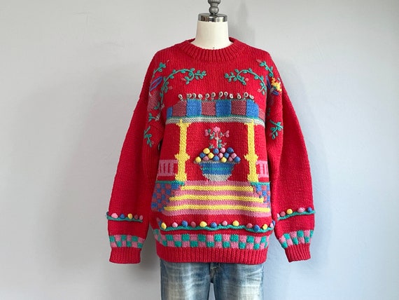 Vintage 80s Hand Embroidered Wool Novelty Sweater… - image 4