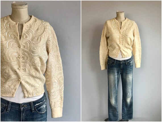 Vintage 50s Beaded Wool Cardigan / 1950s Cream Iri