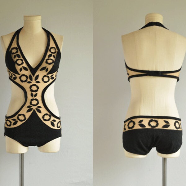 Vintage 1960s Swim Suit / 60s Sexy Sheer Monokini Cut Out One Piece Bathing Suit / Black See Through