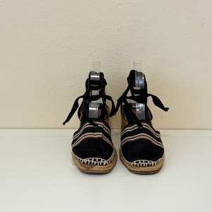 Vintage 70s Lace Up Espadrilles, La Botega Woven Black Cotton Platform Wedge High Heel Slides Size 38, Made in Italy Vintage Shoes