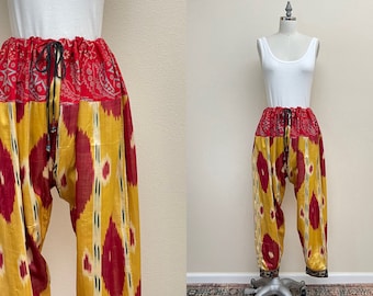 Vintage 60s Silk Ikat Pants / 1960s Traditional Indian Salwar Patchwork High Waist Drawstring Pants