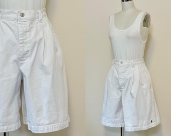 Vintage 80s Ralph Lauren Shorts, White Denim High Waist Pleated Twill Shorts, Designer Vintage Summer Fashion