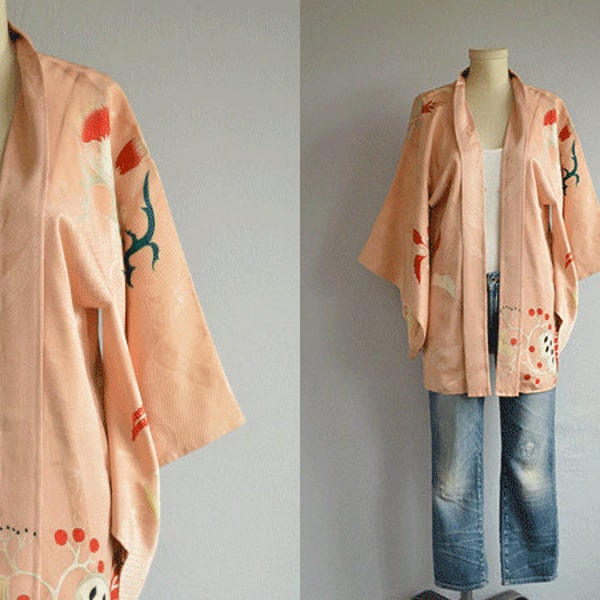 Vintage Silk Kimono / Floral Print Hand Stitched Short Haori Kimono Robe / Made in Japan Jacquard